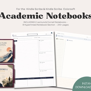 May include: Digital academic notebooks for Kindle Scribe and Kindle Scribe Colorsoft featuring 210+ pages, 8 hyperlinked sections, and templates for lecture and Cornell notes. The cover designs display landscape illustrations with a sun and a person.