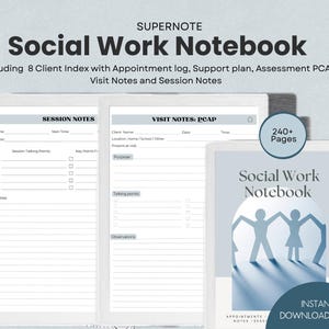 Puede incluir: Un cuaderno de trabajo social con el título "Social Work Notebook" y la palabra "SUPERNOTE" en la parte superior. El cuaderno incluye 8 índices de clientes, registros de citas, planes de apoyo, PCAP de evaluación, notas de visita y notas de sesión. La portada tiene un gráfico de personas tomadas de la mano.