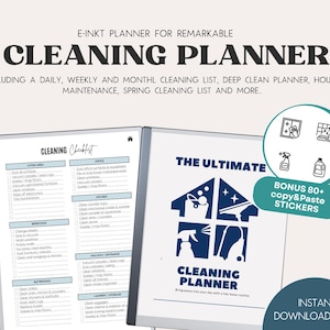 Puede incluir: Un planificador de limpieza digital para la tableta Remarkable. La imagen muestra un diseño de lista de verificación con secciones para áreas de estar, dormitorios y baños. El planificador incluye una lista de limpieza diaria, semanal y mensual.