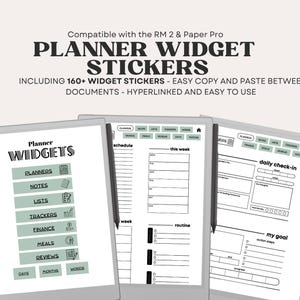 May include: Digital planner widget stickers compatible with RM 2 and Paper Pro. The image shows three digital tablets with planner layouts. The text includes "Planner Widgets Stickers" and "Easy Copy and Paste". The planner layouts include sections for planners, notes, lists, and trackers.