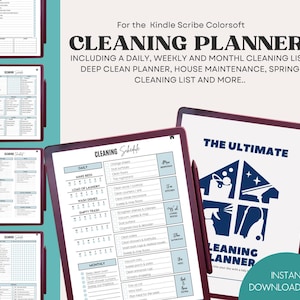 May include: Digital cleaning planner for the Kindle Scribe Colorsoft, with daily, weekly, and monthly cleaning lists. Includes a deep clean planner, house maintenance, and spring cleaning list. Instant download PDF.
