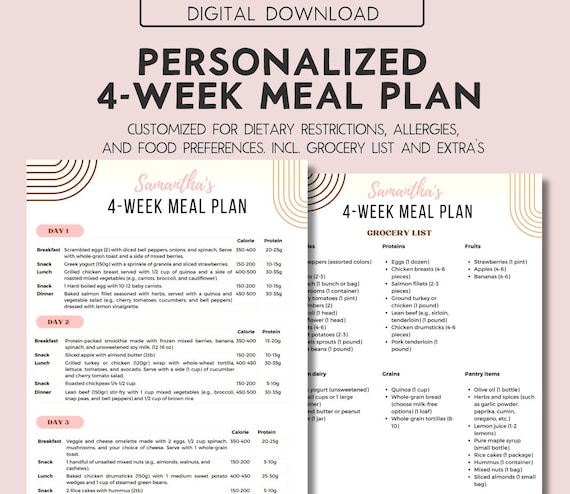 Personalized 4 Week meal plan Custom Meal plan Weightloss Plan meal planner Keto meal plan Diabetic meal plan Paleo