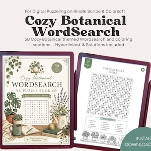 May include: A digital word search puzzle book for Kindle Scribe and Colorsoft featuring botanical illustrations. The cover displays the title Cozy Botanical WordSearch, while the screen shows a grid titled The Cozy Plant Shelf with word lists.