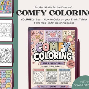 Könnte beinhalten: Ein digitales Malbuch für das Kindle Scribe Colorsoft Tablet mit dem Titel Comfy Coloring Volume 2. Das Cover zeigt den Text Comfy Coloring, Bold & Easy Patterns, 3 Comfy Color Themes sowie Vorschauen der Seiten Lovely Patterns, Inspirational und Cozy Living.