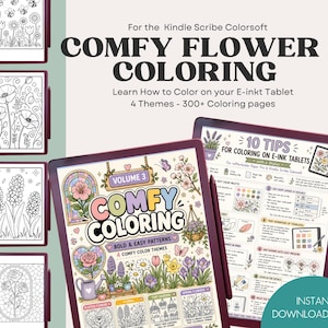 以下が含まれることがあります： Kindle Scribe Colorsoft用のデジタル塗り絵「Comfy Flower Coloring」。4つのテーマで300ページ以上を収録。画面には花のイラストが描かれた表紙、電子インクタブレットでの塗り絵のヒント10選、スタイラスペンが表示されています。
