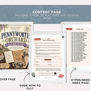 K&ouml;nnte beinhalten: Ein digitales Krimi-Wortsuchr&auml;tselbuch mit dem Titel Pennyworth Orchard Case Log. Die Anzeige zeigt eine Titelseite mit Vintage-Illustrationen, eine Spielanleitung mit Ermittlungsschritten und eine verlinkte Indexseite f&uuml;r die Fallprotokolle.