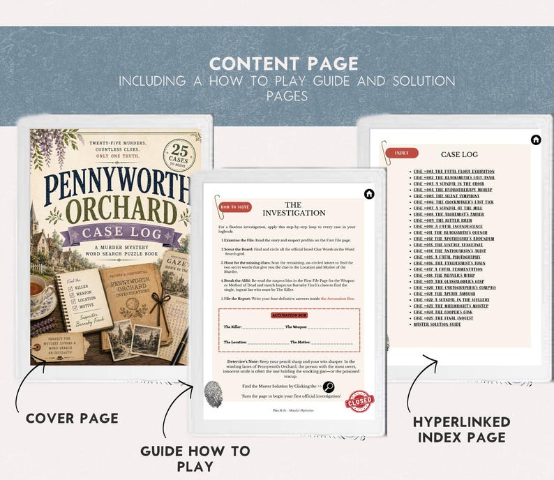 K&ouml;nnte beinhalten: Ein digitales Krimi-Wortsuchr&auml;tselbuch mit dem Titel Pennyworth Orchard Case Log. Die Anzeige zeigt eine Titelseite mit Vintage-Illustrationen, eine Spielanleitung mit Ermittlungsschritten und eine verlinkte Indexseite f&uuml;r die Fallprotokolle.