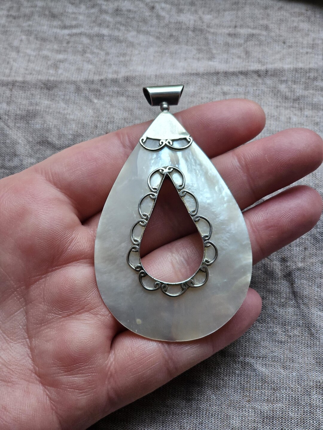 Vintage Large Mother of Pearl Pendant Sterling Silver - Etsy