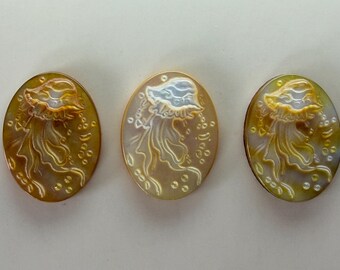 Hand Carved Natural Mother of Pearl Jellyfish Oval Cabochon, MOP Pendant, E738