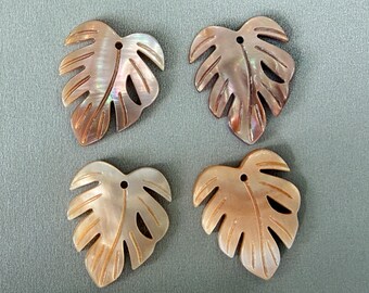 1 Pair Hand Carved Pink MOP Monstera Leaf Beads, Tropical Plant Pendant, E733