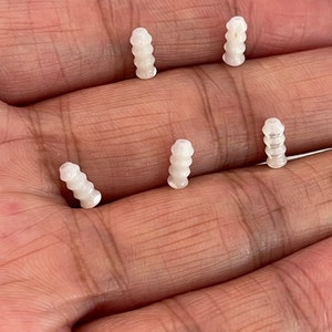 以下が含まれることがあります： 手のひらの上に、5つの白い貝殻のビーズが半円形に並んでいます。ビーズは、縦に筋が入った質感です。