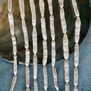 Stick Pearls, White  Freshwater Pearl, Natural Long Biwa Stick Pearls, Through Hole Long Pearls, Genuine Toothpick Pearl Full Strand, E120