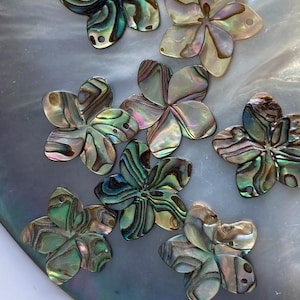May include: Eight iridescent abalone shell flower-shaped charms with a hole in the center. The charms are green, blue, and gold.