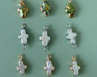 2 Pieces 24k Gold Plated Cross Pearl Pendants, Jewelry Charms, E096