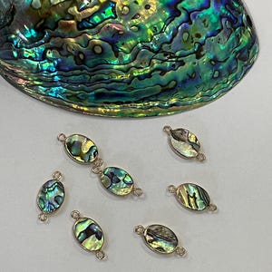 May include: Eight oval-shaped abalone shell connector charms with gold-toned jump rings. The charms have a iridescent green, blue, and purple color.