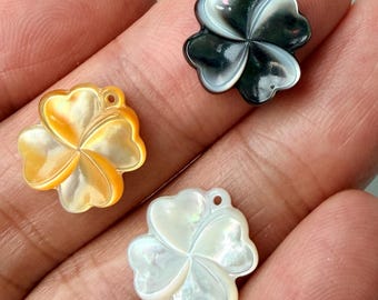 2 Pieces 3D Hand Carved Mother of Pearl 4-Leaf Clover Pendants, MOP DIY Jewelry Supply,15mm, E763