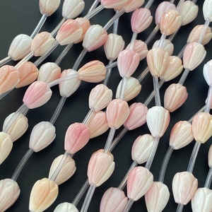 2 pieces Natural Pink Mother of Pearl Hawaiian Pikake Beads, 6x 8mm Hand Carved Conch Shell Jasmine Flower, E447