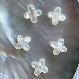 Pode incluir: Cinco botões brancos, iridescentes, em forma de flor com um centro elevado.