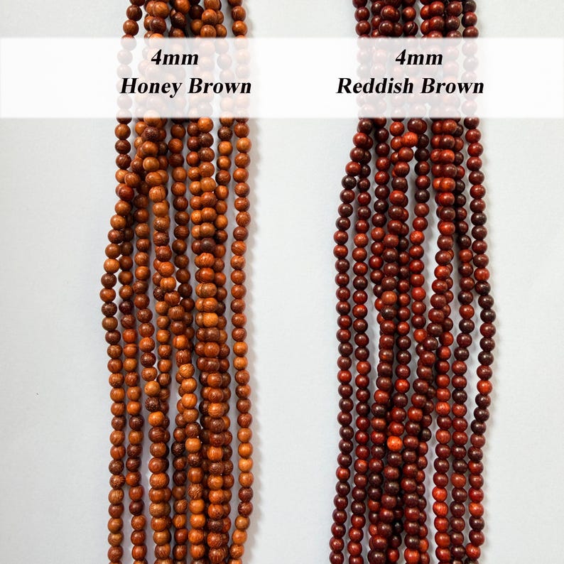 May include: Two vertical strands of 4mm round wooden beads. The left strand is honey brown, and the right strand is reddish brown. Text labels above the beads read 4mm Honey Brown and 4mm Reddish Brown, indicating the size and color of each.