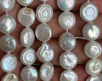 12mm Natural Coin Pearl, Genuine White Freshwater  Loose Button Pearl Strand, Loose Pearl Charm for Jewelry Making, E061