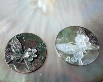 Hand Carved Natural Black Mother of Pearl Butterfly Round Cabochon,MOP Pendant Connector Earrings DIY Jewelry Supply.  E751
