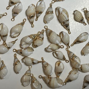 May include: A collection of white seashells with gold accents. The shells are strung on a gold chain and are ideal for jewellery making or crafting.