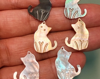 1 Pair  Hand Carved Mother of Pearl Cat Beads, MOP Kitten DIY Jewelry Supply ,E764