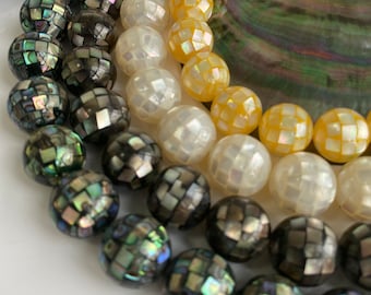 5PCS Natural Color Abalone Shell Faceted Round Beads, Mosaic Inlaid Paua Shell Beads,Energy Gemstone Loose Beads DIY Jewelry Making E291