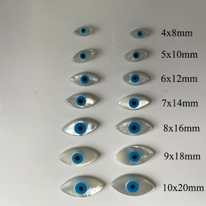 6 st pärlemorpärlor med onda ögon, markis cabochoner, E341