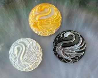 Hand Carved Natural Mother of Pearl Swan Round Cabochon, MOP Pendant Connector, E746