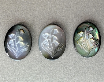 Hand Carved Natural Black Mother of Pearl Lily of the Valley Oval Cabochon, E736