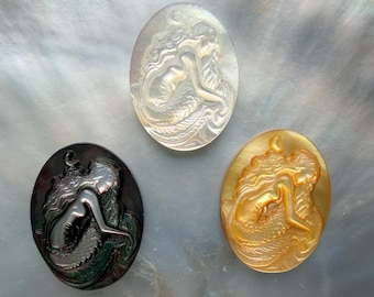 Hand Carved Natural Black Mother of Pearl Mermaid Oval Cabochon, E745