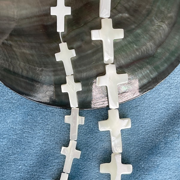 Mother of Pearl Cross Beads,  Natural White MOP Cross Spacer Beads, 16" Full Strand, E129