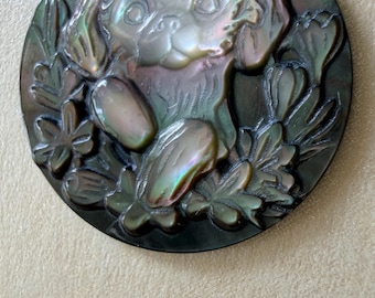 Hand Carved Natural Black Mother of Pearl Puppy Coin Cabochon,MOP Pendant Connector Earrings DIY Jewelry Supply.  E759
