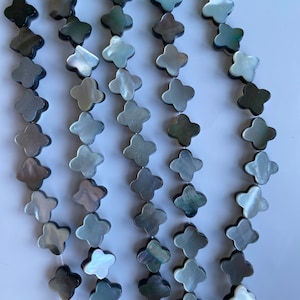 Tahiti Black Mother Of Pearl 4-leaf Clover Beads, Natural Black MOP Four Leaf Clover Beads, 15.5” Full Strand, E271