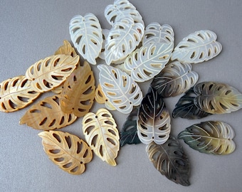 1 Pair Hand Carved Natural MOP  Leaf Beads, Tropical Plant Pendant, E734