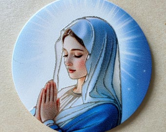 Printed Virgin Mary on Mother of Pearl, Blue Religious Cabochon, Catholic Jewelry Making Supply, MOP Shell Charm, E758