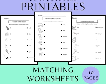 Printable Matching worksheet, match the picture to the word activity sheet, educational pages, letter recognition, hand-eye coordination