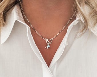 Sterling Silver Initial Necklace: Personalized Birthstone Toggle Clasp