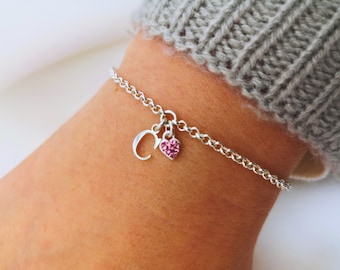 Sterling Silver Initial Charm Bracelet: Pink Crystal Heart, Personalized Jewelry