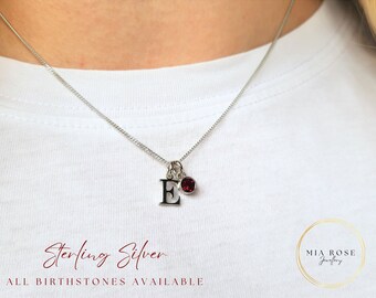 Custom birthstone initial necklace, sterling silver, personalised jewellery, birthday, ball chain, curb chain - BIRTHSTONE INITIAL NECKLACE