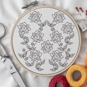 Pode incluir: Um bastidor de bordado com um desenho floral. O desenho apresenta contornos pretos de flores e folhas sobre um tecido branco. O bastidor de madeira é fixado com um parafuso de metal. São visíveis materiais de costura, incluindo tesouras, linha e alfinetes.