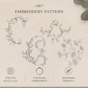 Pode incluir: Um documento de padrão de bordado com ilustrações de linhas pretas de motivos florais, incluindo vinhas e lírios do vale. O texto diz EMBROIDERY PATTERN, PDF FILE Ready to print, FOR HAND EMBROIDERY e BEGINNER FRIENDLY.