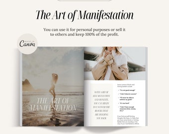 Puede incluir: Un libro abierto con un fondo blanco. La portada del libro presenta a una mujer de pie en una playa con el texto "The Art of Manifestation: A Guide to Creating Your Dream Life". El libro también incluye texto sobre la autorreflexión y los bloqueos comunes para la manifestación.