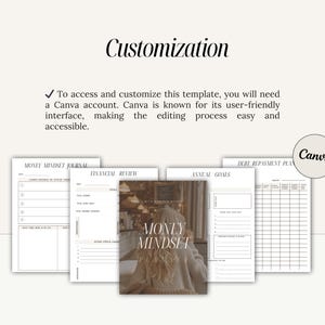 May include: A printable digital planner with a brown and white color scheme. The planner includes sections for a money mindset journal, financial review, annual goals, and a debt repayment plan. The planner features the text "Money Mindset" in a brown and white font.