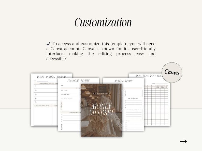 May include: A printable digital planner with a brown and white color scheme. The planner includes sections for a money mindset journal, financial review, annual goals, and a debt repayment plan. The planner features the text "Money Mindset" in a brown and white font.