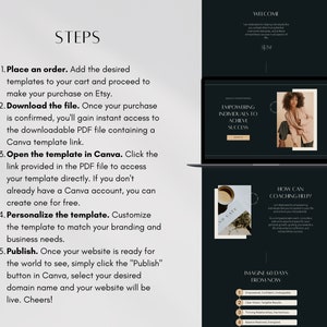 May include: A black laptop screen displaying a website with a dark background and white text. The website is for a coaching service and includes the text "EMPOWERING INDIVIDUALS TO ACHIEVE SUCCESS" and "HOW CAN COACHING HELP?" The website also includes a list of benefits of coaching, such as "Increased Confidence" and "Clear Vision".