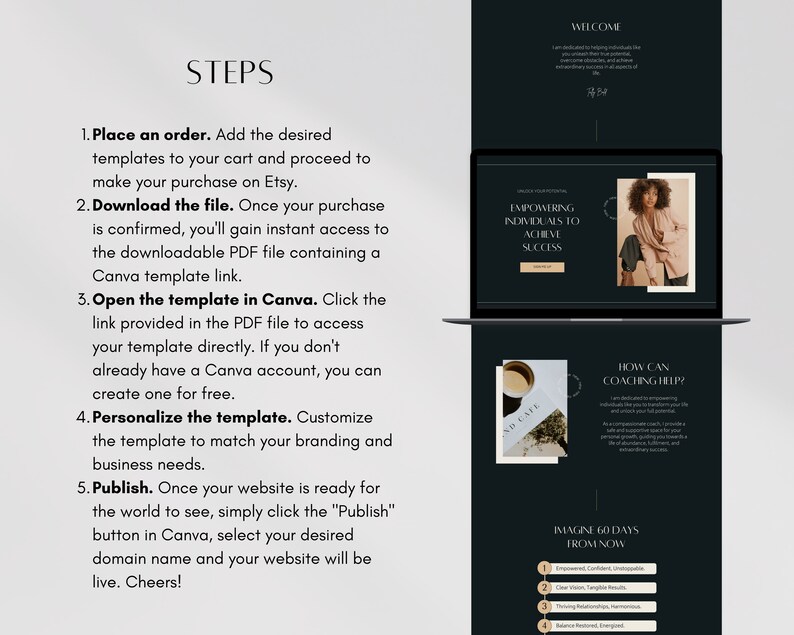 May include: A black laptop screen displaying a website with a dark background and white text. The website is for a coaching service and includes the text "EMPOWERING INDIVIDUALS TO ACHIEVE SUCCESS" and "HOW CAN COACHING HELP?" The website also includes a list of benefits of coaching, such as "Increased Confidence" and "Clear Vision".