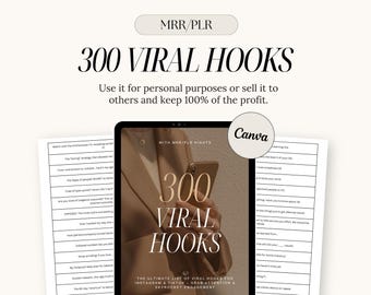 May include: A digital product mockup on a tablet screen with the text "300 Viral Hooks" and "The Ultimate List of Viral Hooks for Instagram & TikTok - Grab Attention & Skyrocket Engagement". The tablet is held by a hand in a beige sweater. The text "MRR/PLR" is at the top of the image.