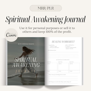 May include: A white and grey journal with the title "Spiritual Awakening Journal" on the cover. The cover also features a photo of a woman walking on a beach. The journal includes a healing worksheet and a section for journaling about crystals.